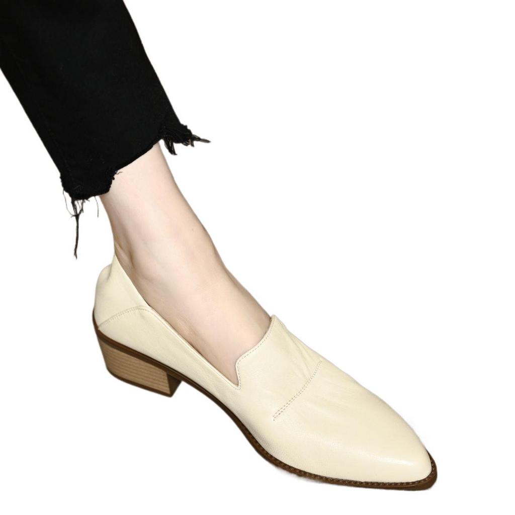 Pointed single shoes women's new 2025 spring French medium heel soft one pedal lazy soft sole medium thick heel small leather shoes