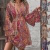 Bohemian Style Print Dresses for Women Fashion Bell Sleeves V-neck Elegant Ladies A-line Dress Spring Summer Casual Beach Dress