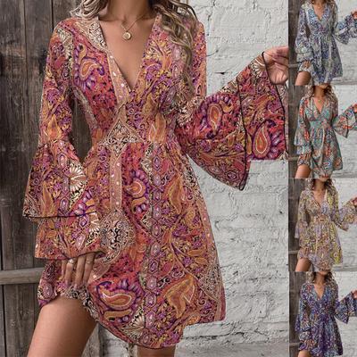 Boho-Stil Druckkleider für Damen Mode Glockenärmel V-Ausschnitt Elegantes Damen A-Linien-Kleid Frühling Sommer Lässiges Strandkleid