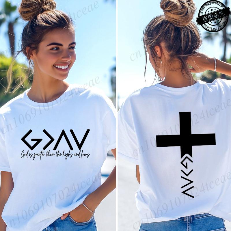 

Womens Tshirts God Is Greater Than The Highs and Lows Printed Tees Bible Quote Faith Graphic Tops Retro Hip Hop Streetwear S