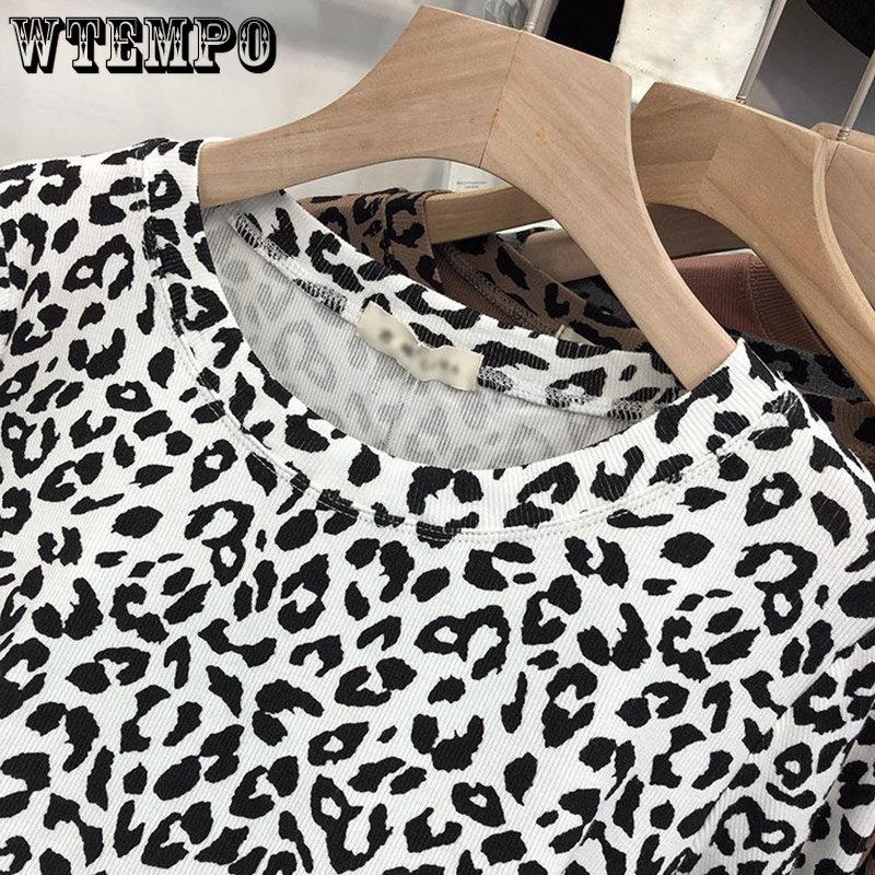 WTEMPO Leopard Print T-Shirts Women Long Sleeve Spring Fall Slim Korean Blouses Female All-match Casual O-Neck Tops