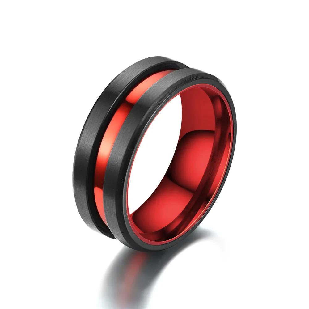 8mm Man Black Red Groove Beveled Edge Stainless Steel Rings Trend Men Engagement Ring Valentine Gifts