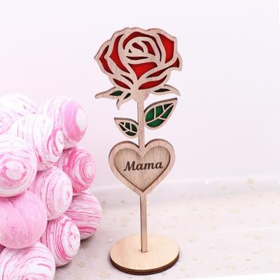Wood Mama Rose Decoration with Stable Round Base Wooden 3D Carved Rose Flower Desktop Ornament Romantic Mother's Day Gift