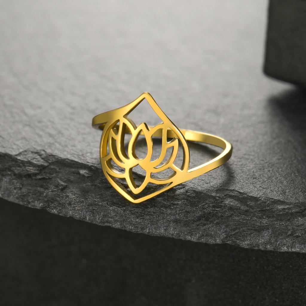 Lotus Flower Finger Rings Stainless Steel Gold Women Ring Yoga Buddhism Amulet Jewelry Birthday Gift