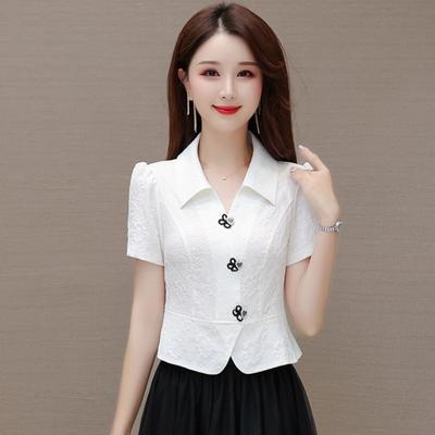 Short Sleeved Mandarin Collar Shirt Women New Unique and Chic Waist Cinching Short Top