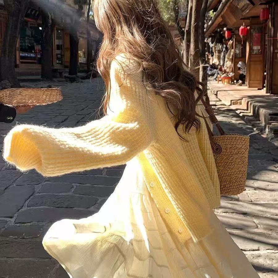 Women's V-Neck Knit Cardigan & A-Line Skirt Set