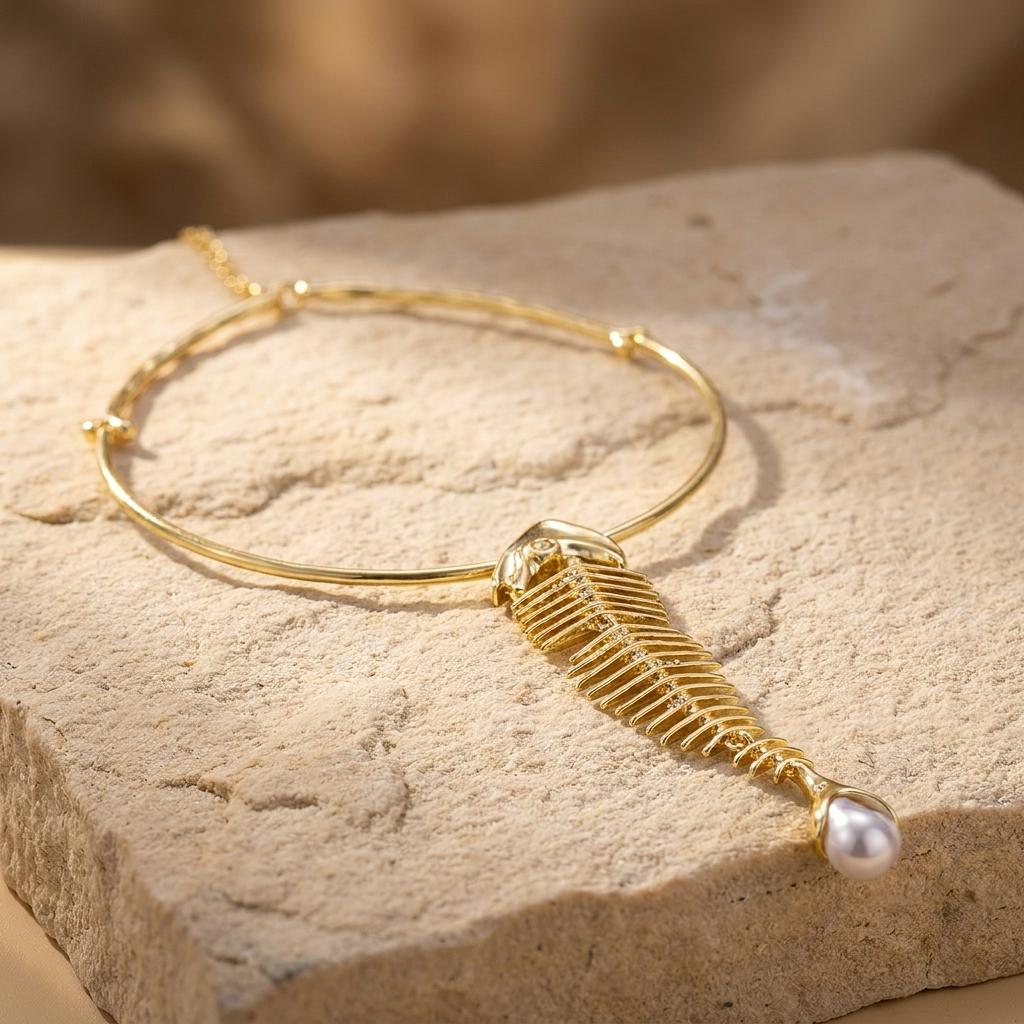 Dark Mermaidcore Fishbone Pendant Choker Necklace for Women Edgy Gold Rhinestone Skeleton Pearl Collar Statement Jewelry