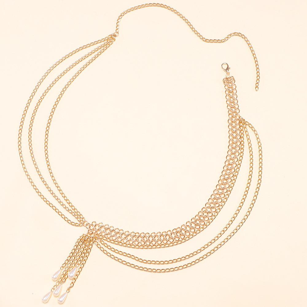 Female Summer Gold Pearl Multilayer Body Chain With Lobster Clasp For Fashion Trendy Wear