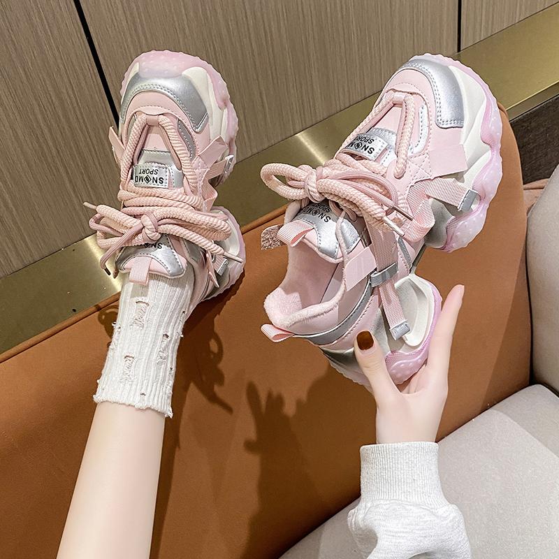 Fashion 6CM Leather High Platform Wedges Leisure Sneakers New 2024 Autumn Women Casual Sports Dad Shoes Lace-up Chunky Sneakers