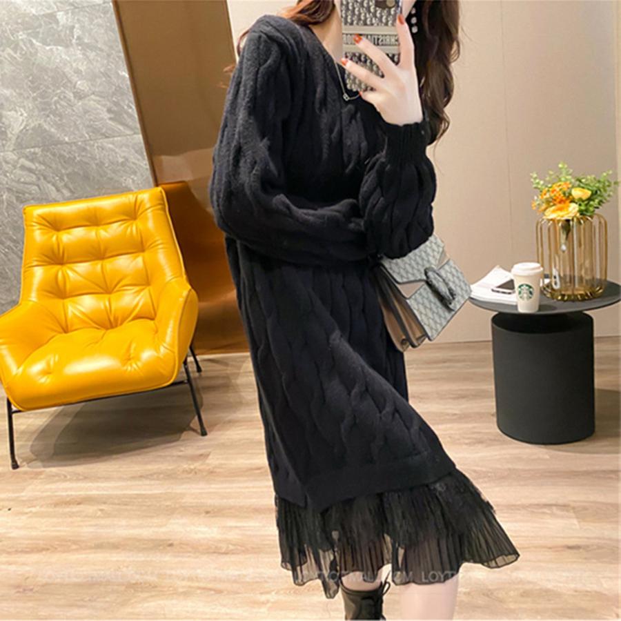 Langärmeliges Strickkleid mit Spitzenbesatz für Damen Herbst Koreanischer Stil Einfarbig Floraler Cardigan-Pullover