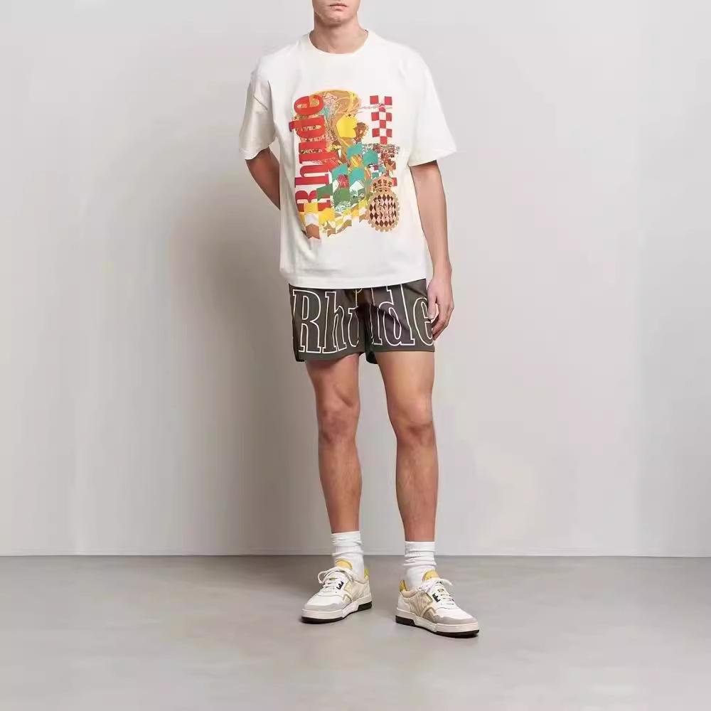 מותג אירופאי ואמריקאי טרנדי חוצה גבולות RHUDE לוגו אותיות מכנסיים קצרים ספורטיביים אלסטיים קז'ואלים לגברים ונשים מכנסי חוף High Street אמריקאי