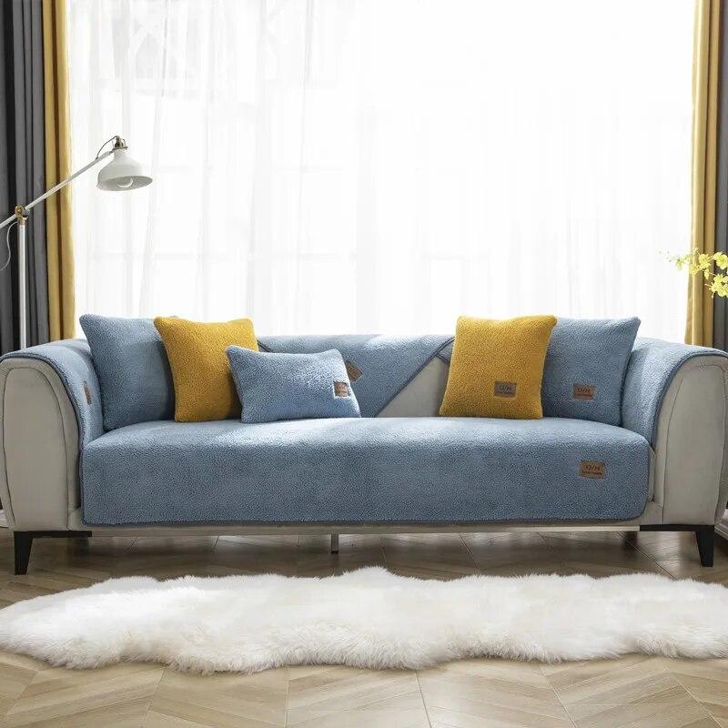 Modern Winter Solid Color Thicken Lambswool Quilted Sofa Cover Soft Plush Sofa Towel Anti-slip Couch Covers For Living Room