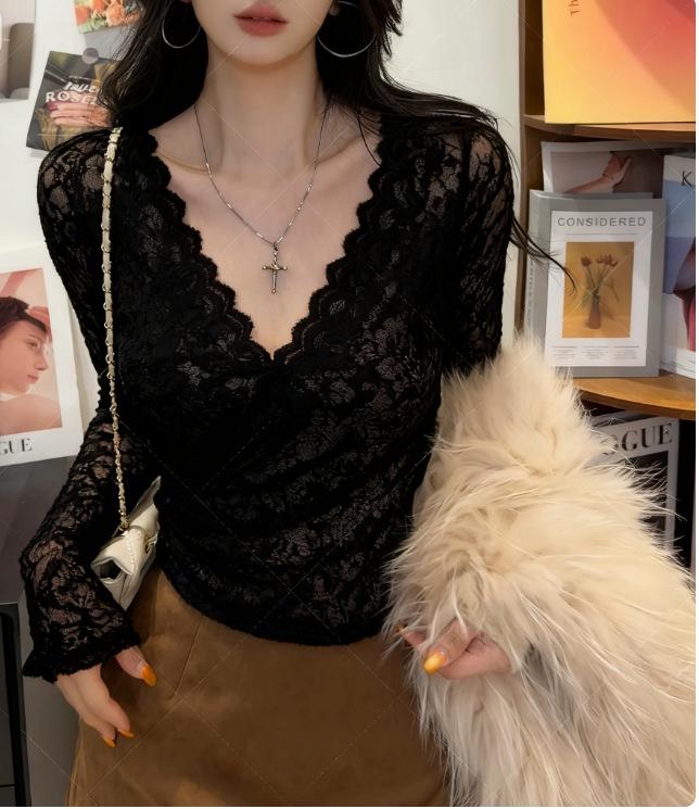 Elegantes schwarzes Spitzen-V-Ausschnitt-Oberteil für Damen - Schlankmachend Herbst/Winter Langarm