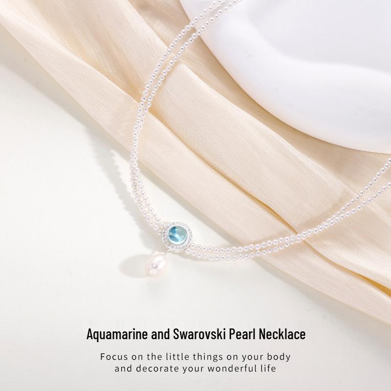 Elegant Double-Layer Clavicle Necklace: S925 Sterling Silver with Aquamarine and Shell Pearls
