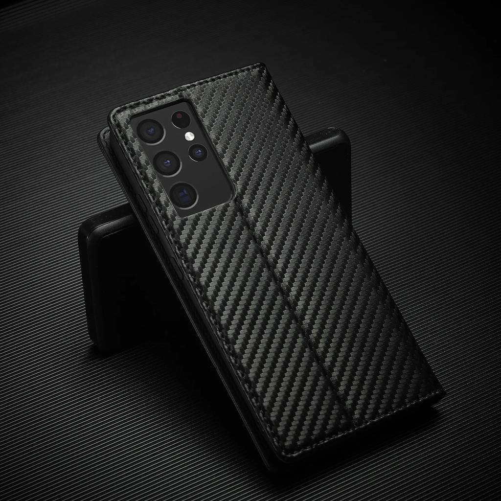 Carbon Fiber Flip Case for Samsung Galaxy S25 Ultra S24 S23 S22 Plus A54 A16 A26 A36 A56 A14 A34 A24 Leather Wallet Phone Cover