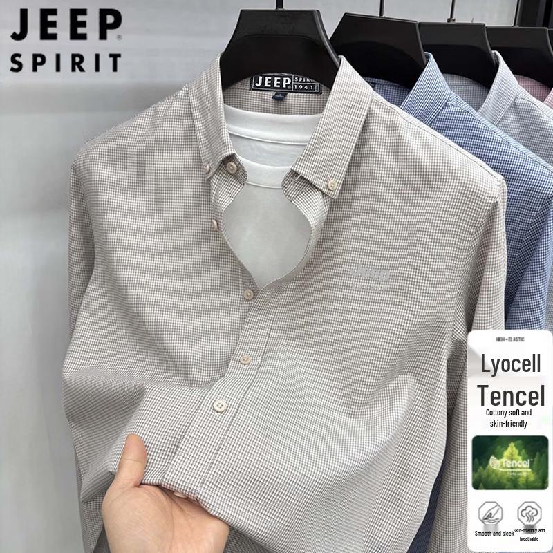 JEEP SPIRIT Men s Cotton Linen Plaid Long Sleeve Shirt L