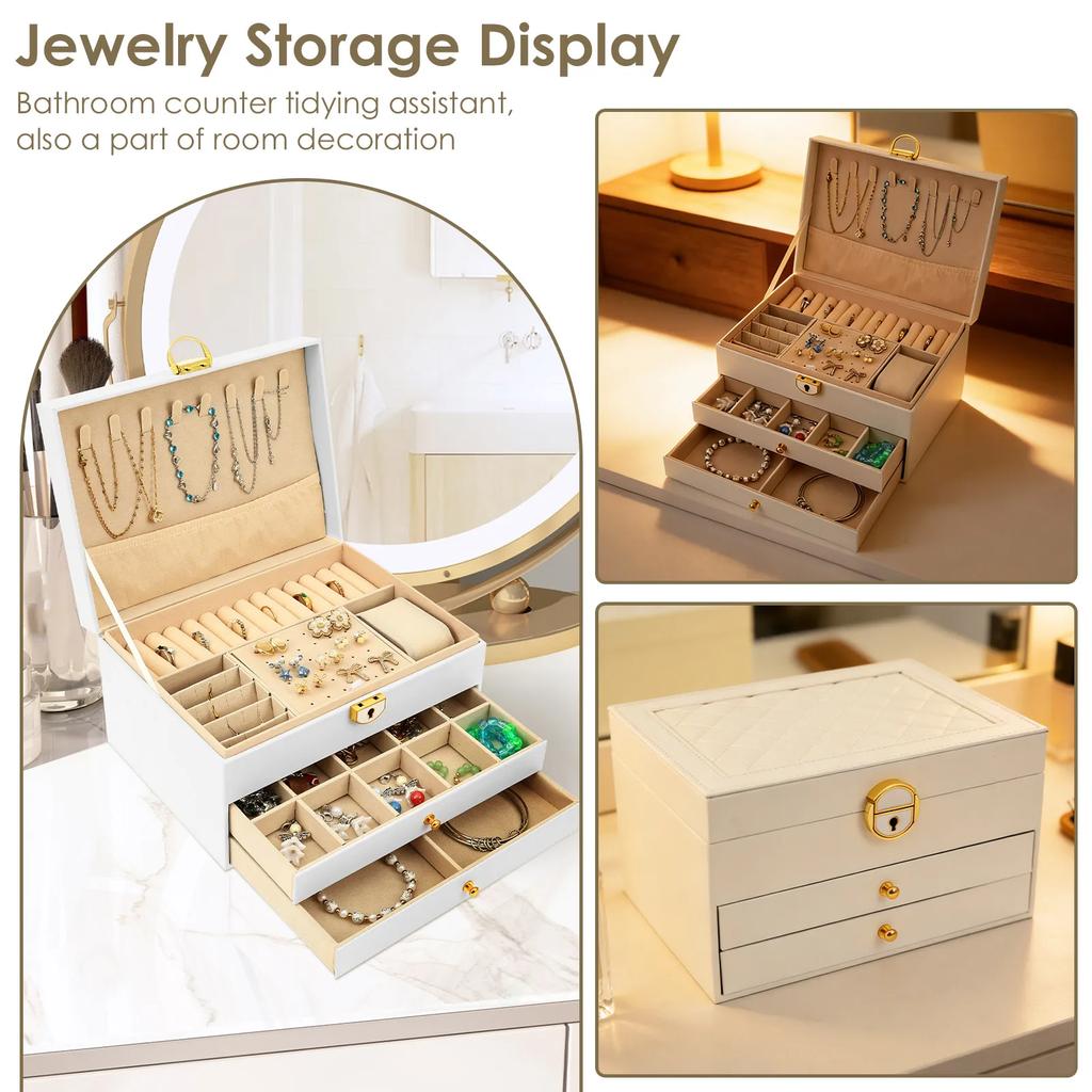 3-Layer Jewelry Box PU Velvet Liner Jewelry Storage Box with Lock Earring Necklace Bracelet Ring Organizer Jewelry Display Stand