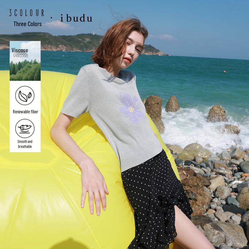 SanCai 2026 Summer Round Neck Floral Knit Short Sleeve Pullover Top L