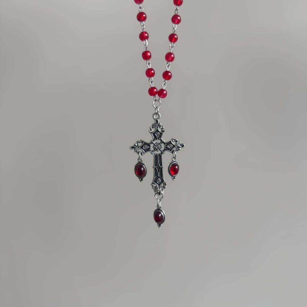 Gothic Punk Black Crystal Cross Pendant Beaded Choker Necklace for Women Men Retro Halloween Party Daily Cosplay Wear Jewelry