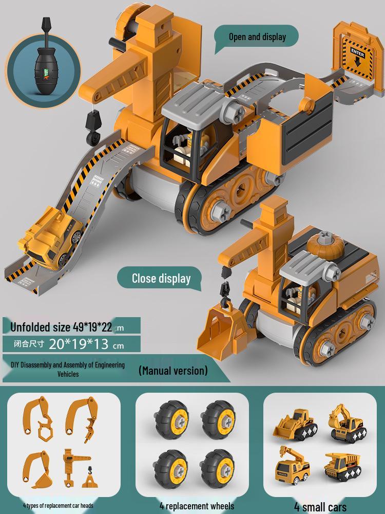 4-in-1 Deformable Engineering Vehicle Set with Small Cars, Crane, Excavator, and Pull-back Toy for Boys