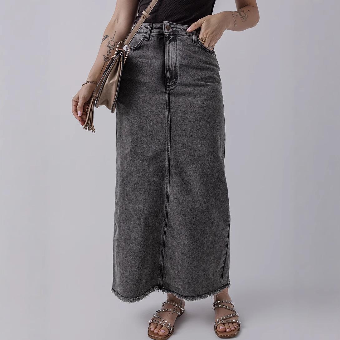 

Shiying Retro High Waist Denim Midi Skirt with Back Slit L