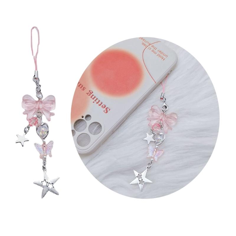 Star Key Chain Handmade Bowknot Pentagram Mobile Phone Chain Y2k Accessory Fashion Bag Pendant Chain for Women Girl