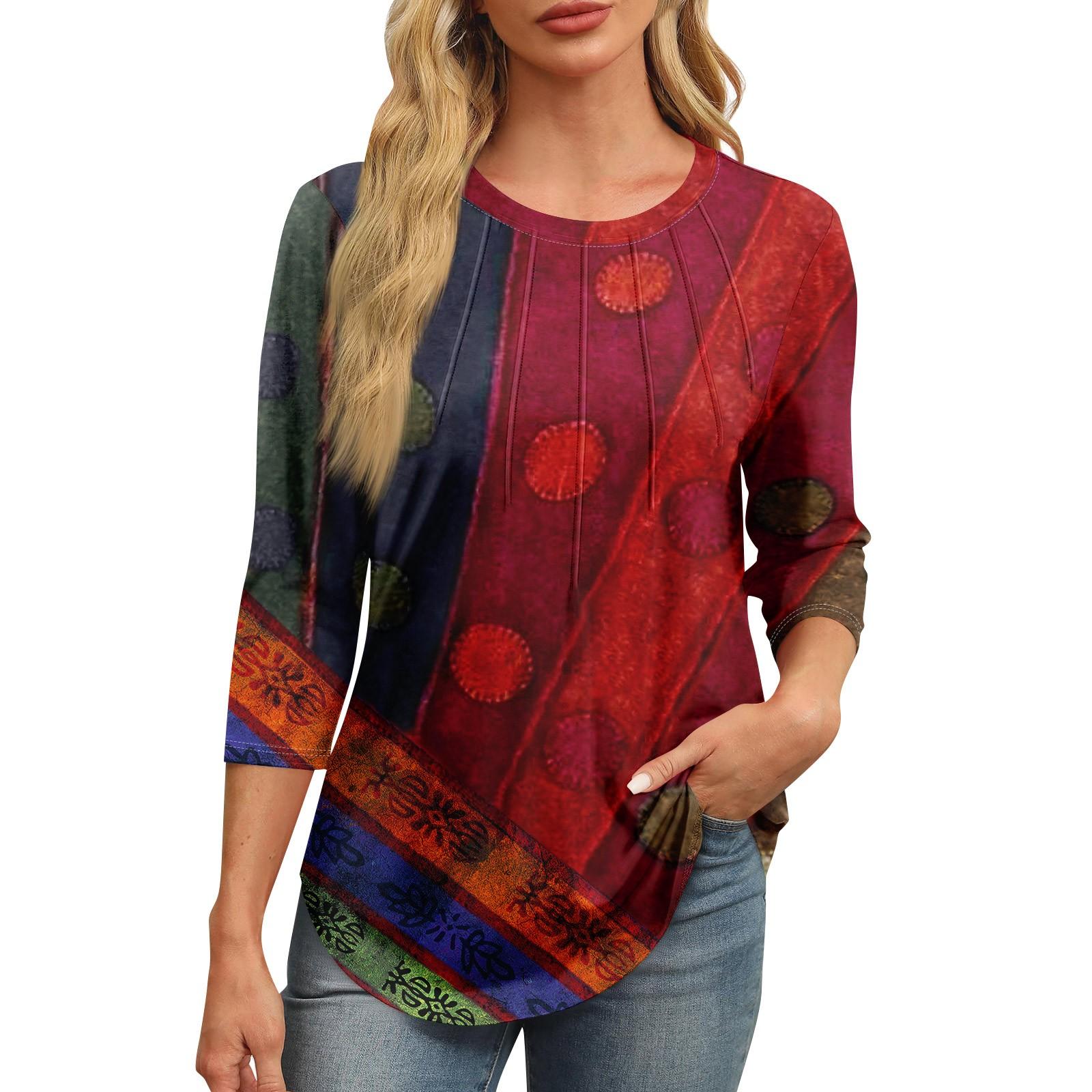 

Женская модная футболка с круглым вырезом и рукавом 3/4 с принтом, повседневная, базовая, плиссированная, пуловер L красный