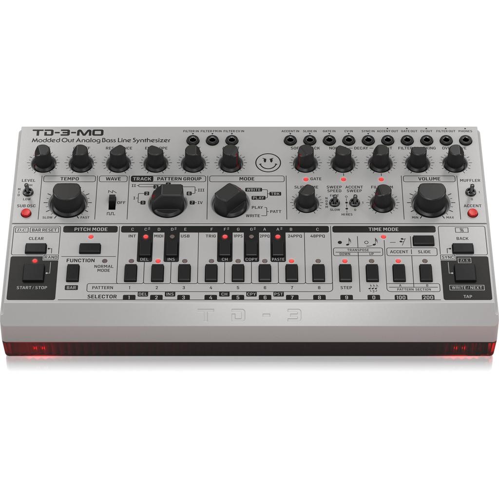 Behringer Analog Bassline Synthesizer TD-3-MO-SR Modded Out USB DIN MIDI VCF MIDI CC Control Sub-Oscillator Overdrive 16-Step Sequencer Silver
