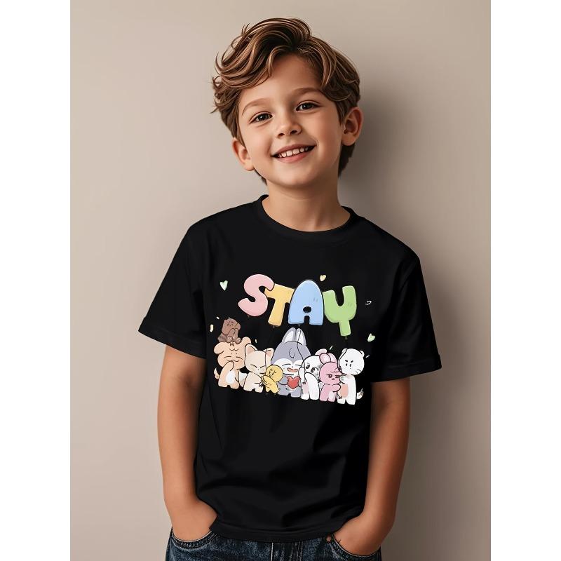 Boys Crewneck Short Sleeve T-Shirt, Cartoon Animal & STAY Letter Print Summer Casual Tee 110