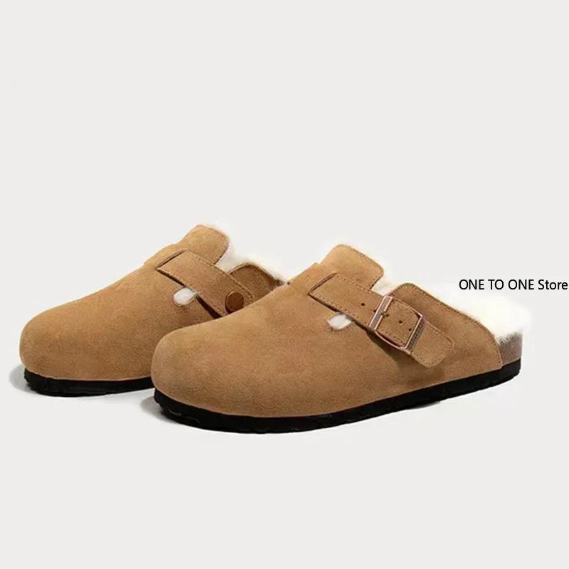Fashion Women's Slippers 2025 Autumn Winter Leather Round Toe Slippers Couple Slippers Outdoor Casual Keep Warm Women Suede Slides Mujer