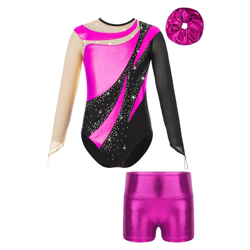 Girls Mesh Long Sleeve Keyhole Back Shiny Leotard Metallic High Waist Dance Shorts Hair Band Gymnastic Performance Outfit