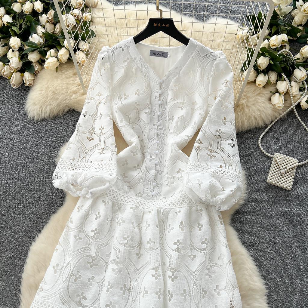 Frühling Sommer Frauen V-Ausschnitt Laterne Ärmel Stickerei Spitze lange Maxi Partykleider