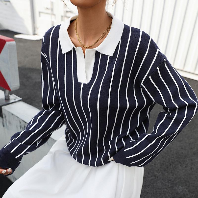 Women s Fashion Casual Spring Fall Stripe Print Long Sleeve POLO Neck Blouses  Shirts S темно-синий