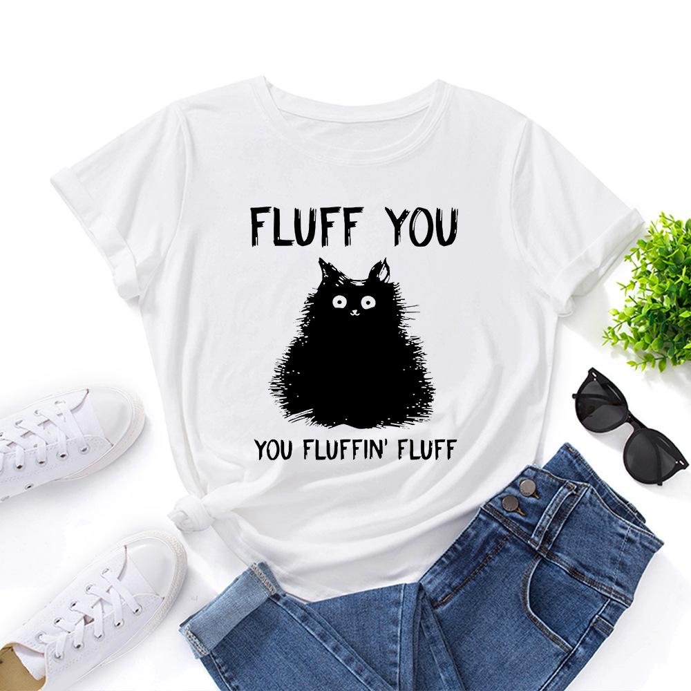 Women's Line Cat Print Loose Round Neck Short Sleeved T-shirt for Women Shirt