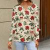 Women's T Shirt Tee Christmas Print Button Long Sleeve Daily Weekend Fashion Basic V- Neck Regular Top