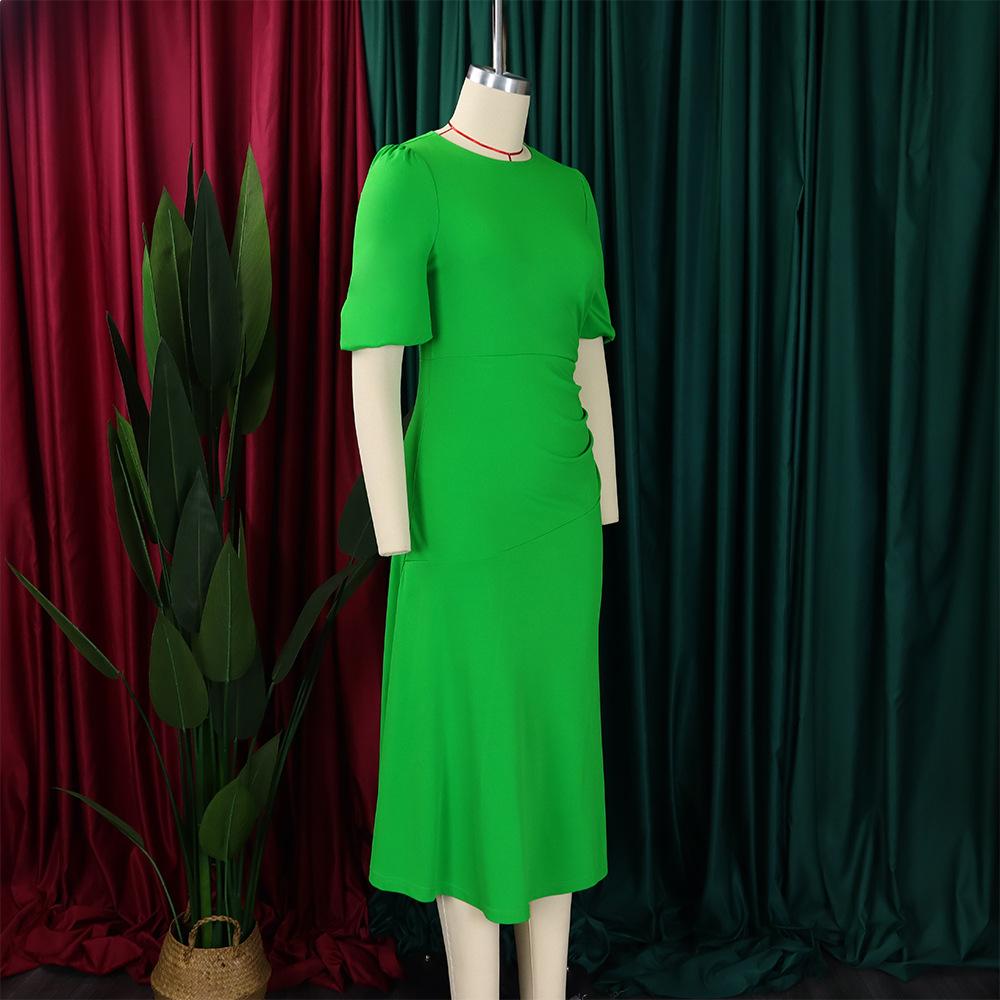 Summer Women's Dress Plus Size Solid Color Round Neck Bubble Sleeve Slim Waist Dresses