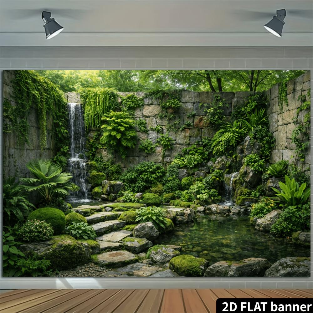2D Zen Tuin met Achtergrond met Dubbele Watervallen, Stenen Muren, Mos en Groene Planten, Stenen Pad, Heldere Vijver