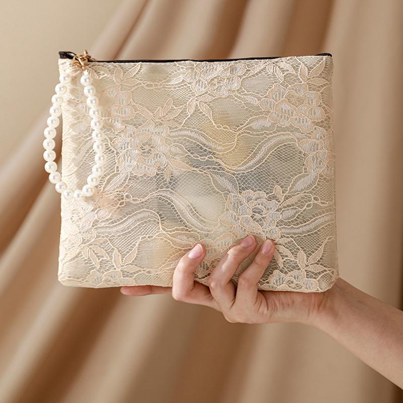 Sweet Lace Cosmetic Bag With Imitation Pearl Chain Portable Travel Toiletry Pouch Organizer For Women Makeup Keys Coin Purse