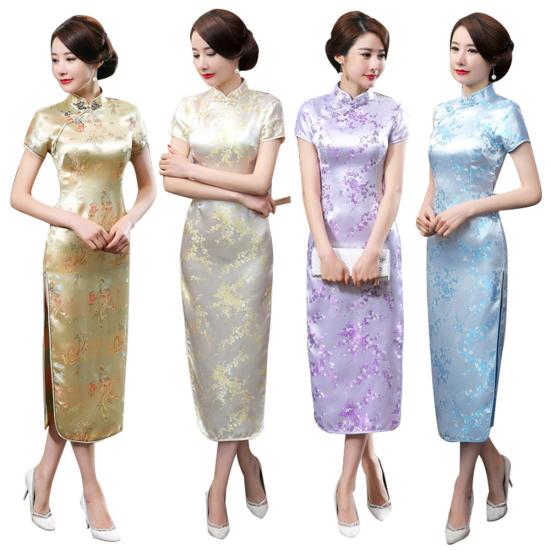 Traditional Chinese Women Long Cheongsam Bridesmaid Short Sleeve Evening Dress
