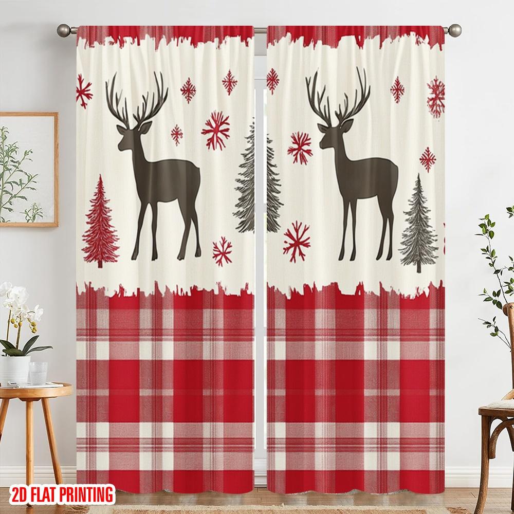 2pcs,2D Plane Printing Pattern Curtains Deer Winter Forest Plaid (3) Durable 100% Polyester Fabric (without Rod) Home Decor for