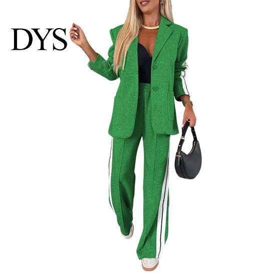 Women Coat Pants Suit 2 Pcs/Set Lady Formal Set Turn-down Collar Single-breasted Long Sleeves Button Decor Trousers Jacket Loose Striped Wide