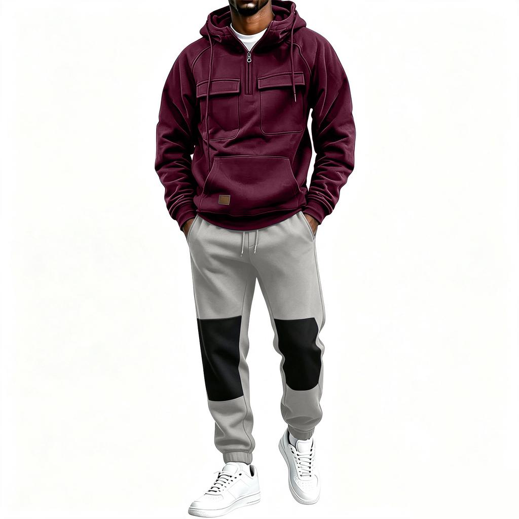 Men's Multi-Pocket Zip-Up Hoodie and Black Casual Pants 2 Piece Athletic Set