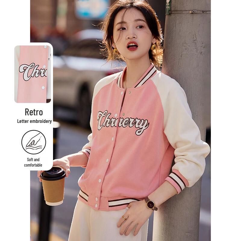 Women s Color Block Embroidered Stand Collar Baseball Jacket M