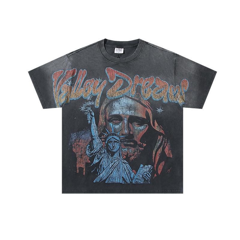 26 Cross-border foreign trade VALL Meichao high street retro washing water old direct injection hot diamond short sleeve pullover men's and women's 