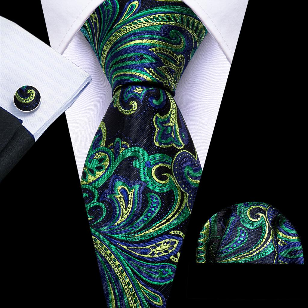 Barry.Wang Necktie Hankerchief Cufflinks Set Purple Blue Black Dots Jacquard Woven Wedding