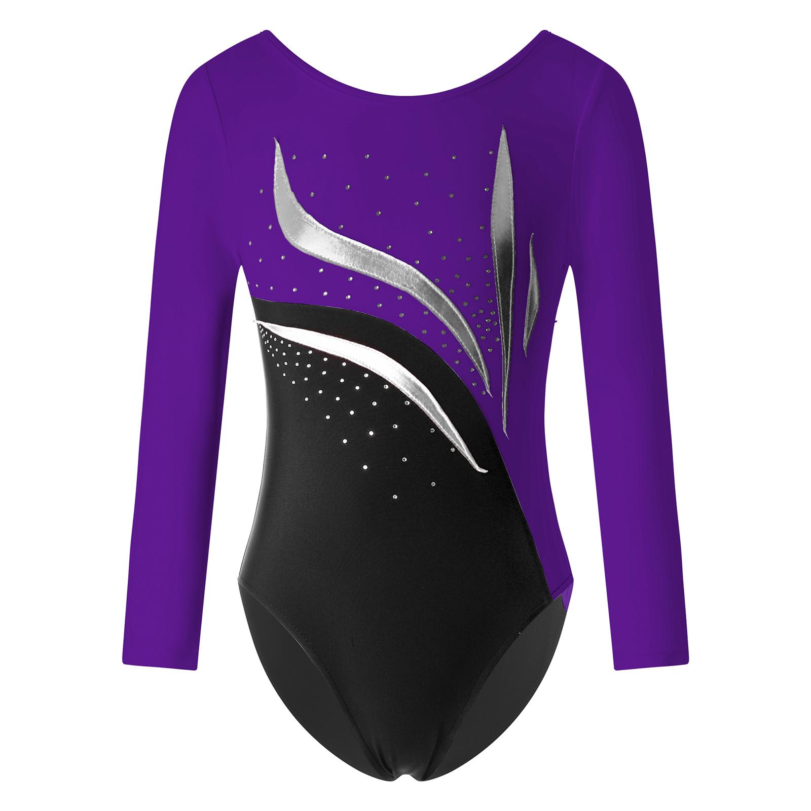

Girls Slim Fit Dance Leotard Long Sleeve Round Neck Design Shiny Rhinestone Decoration Gymnastics Costume 5-6 Years