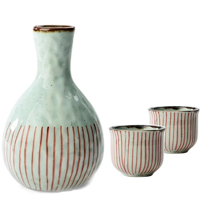 

400 мл круглая полосатая фляжка для сакэ, японский корейский креативный керамический набор с ручной росписью, 1 горшок, 2/4 чашки, посуда для напитков Shochu, бутылка