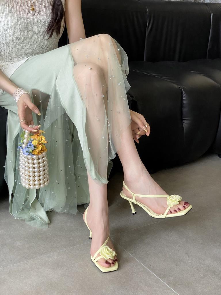 Sandals Spring Square Toe Thin Heel High Heel Elegant French Style FashionOne-Strap Thin Belt Flower Open Toe Women's