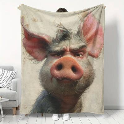 Interesting Pig-themed Pattern Flannel Printed Blanket Suitable for All Seasons Suitable for Living Room Office Sofa and Travel