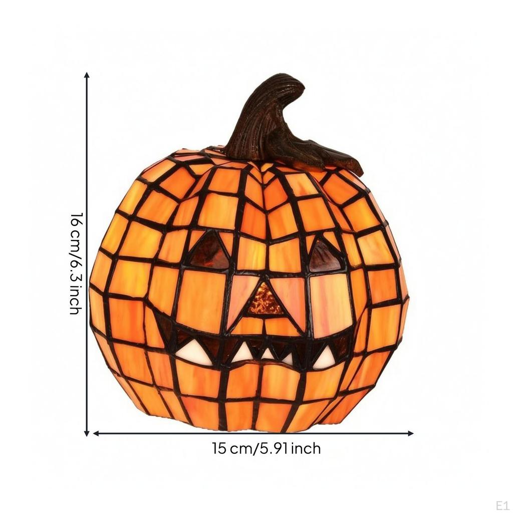 Spooky Stained Glass Pumpkin Lamp | Compact Tabletop Size, Warm Illuminated Glow, JackO'Lantern